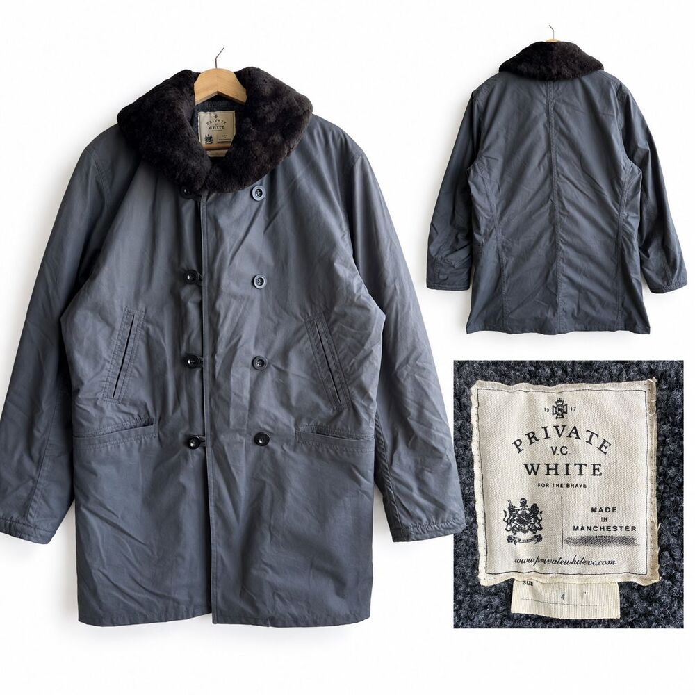Private White VC Ventile Jeep Coat Men Size 4 Gray Fleece Lined Shearling Collar